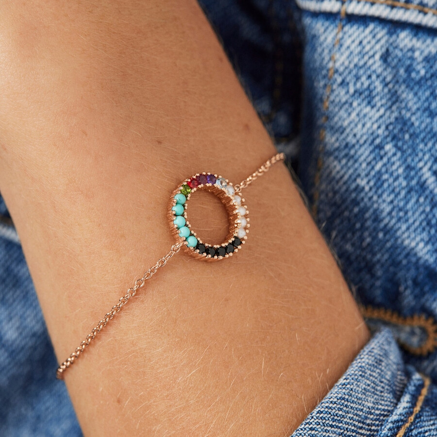 gerades scheibenarmband aus roséversilbertem silber mit edelsteinen