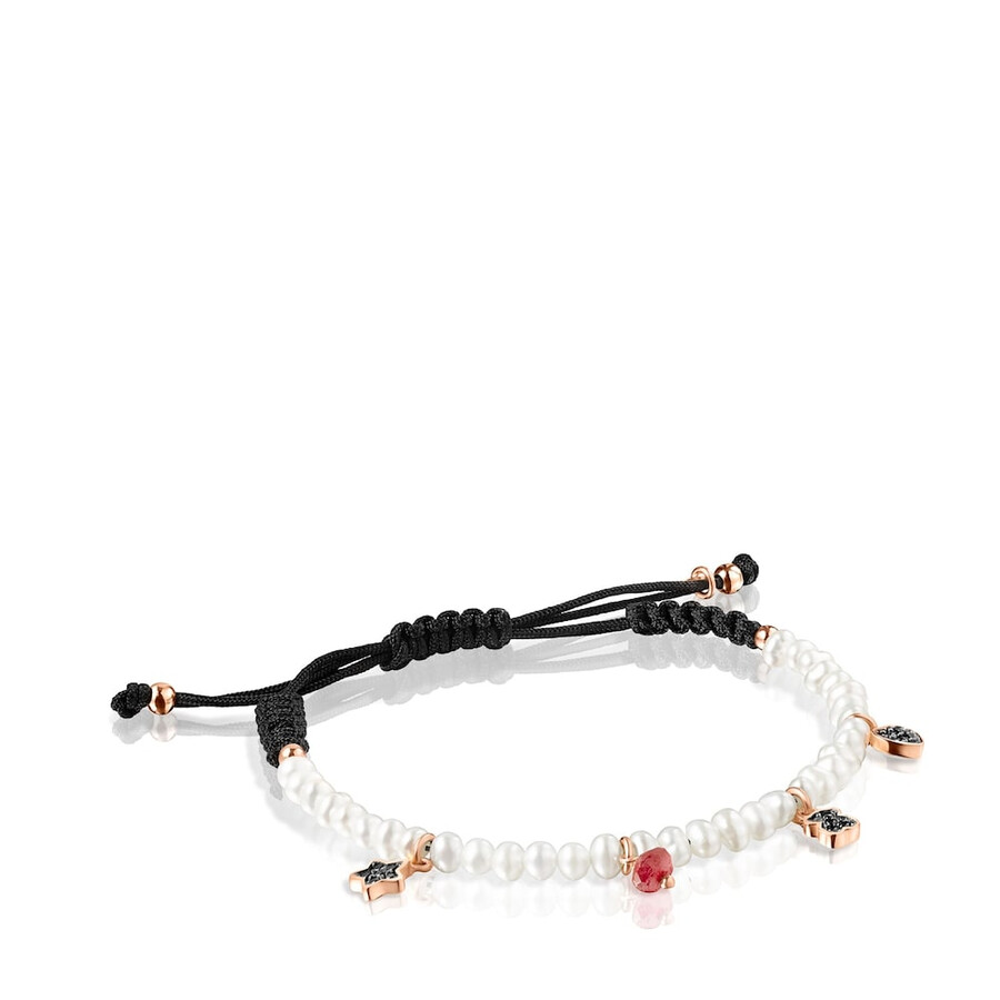 motivarmband mit perlen und schwarzer kordel in roséversilbertem vermeil und edelsteinen