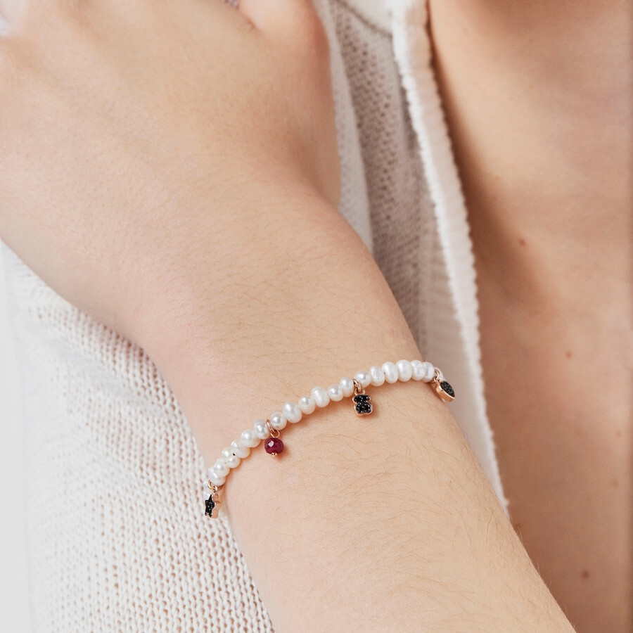 motivarmband mit perlen und schwarzer kordel in roséversilbertem vermeil und edelsteinen