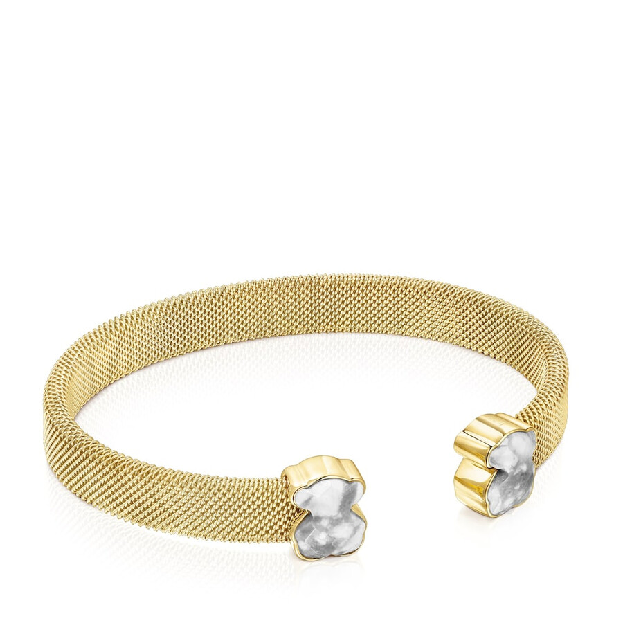 goldfarbenes ip-stahl-mesh-farbarmband mit howlith