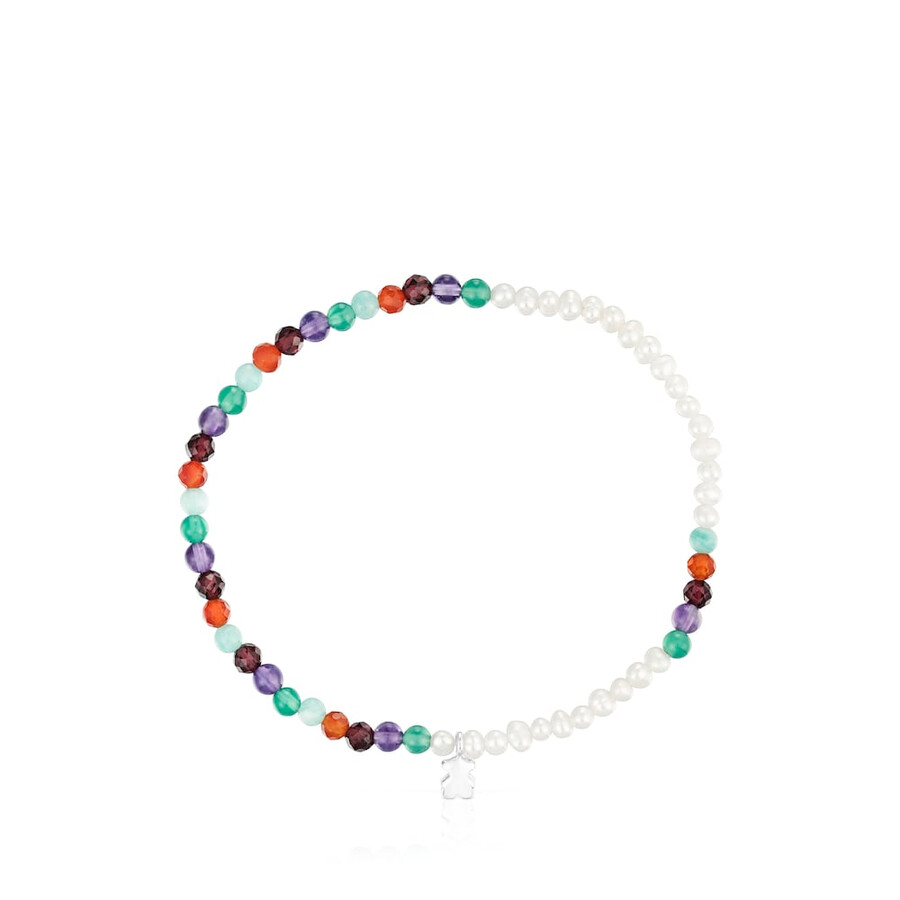elastisches armband mit auffälligem motiv verziert mit edelsteinen zuchtperlen und einem silbernen bärenmotiv