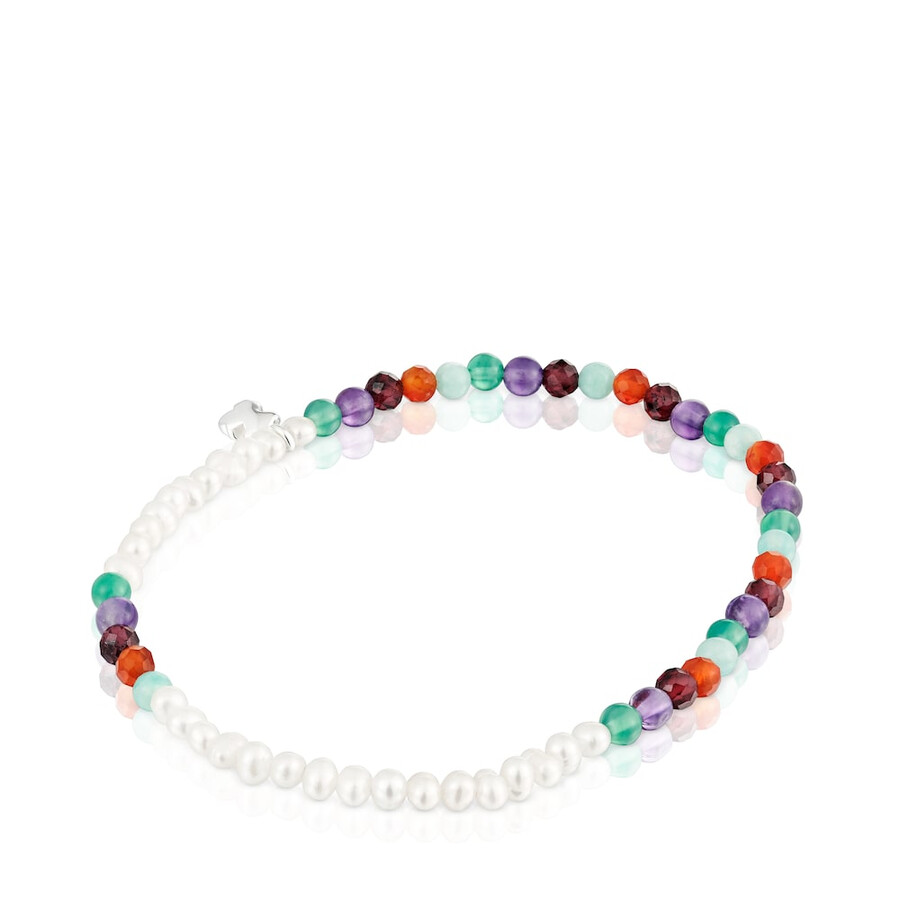 elastisches armband mit auffälligem motiv verziert mit edelsteinen zuchtperlen und einem silbernen bärenmotiv