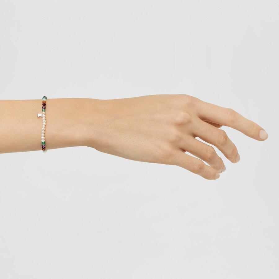 elastisches armband mit auffälligem motiv verziert mit edelsteinen zuchtperlen und einem silbernen bärenmotiv