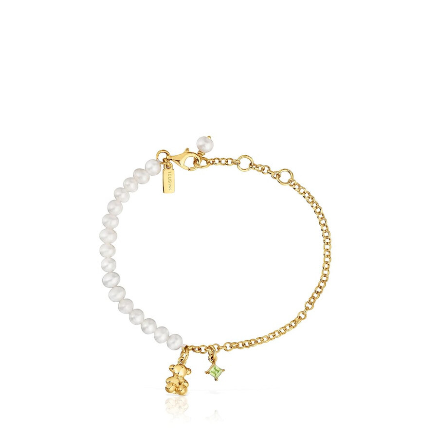 armband „kettenbär mit goldplattierung auf silber zuchtperlen und peridot.