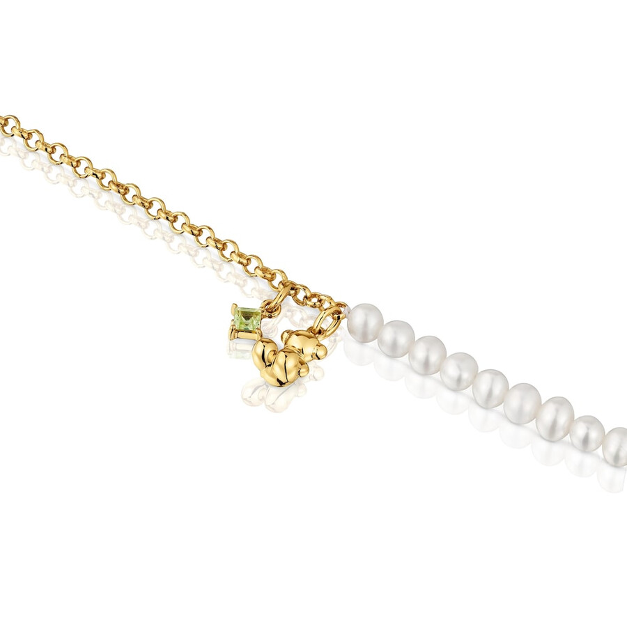 armband „kettenbär mit goldplattierung auf silber zuchtperlen und peridot.