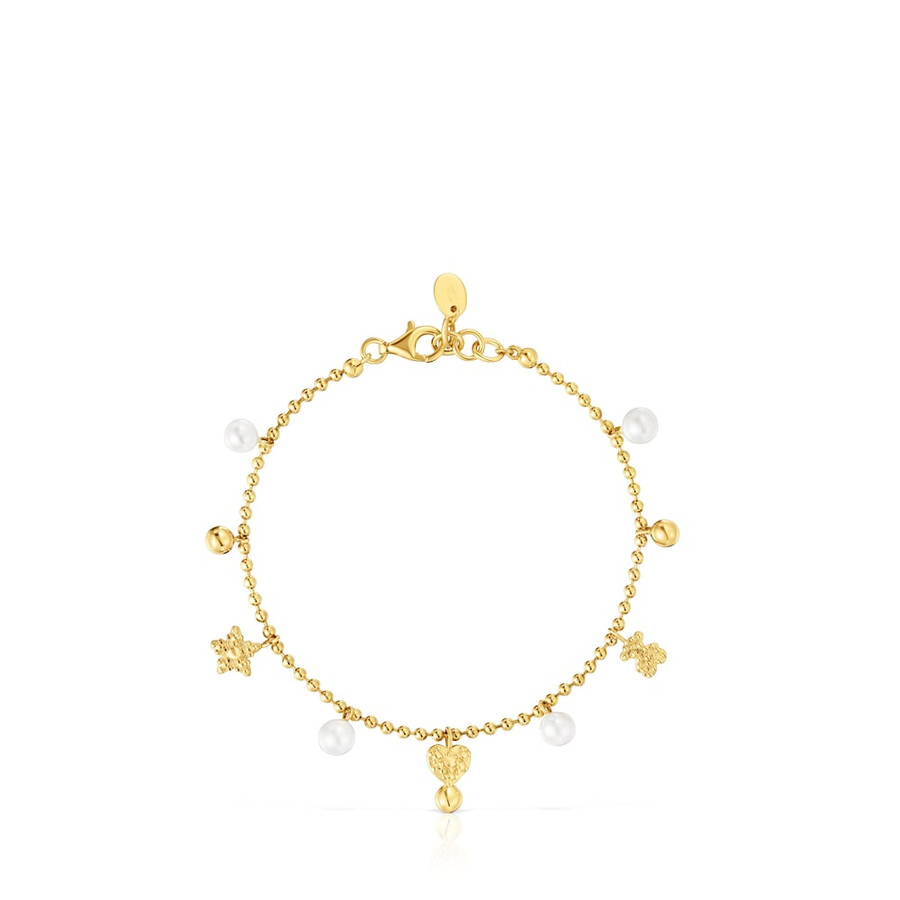 kettenarmband mit 18-karätiger vergoldung auf silber und zuchtperlen sowie tous grain-motiven