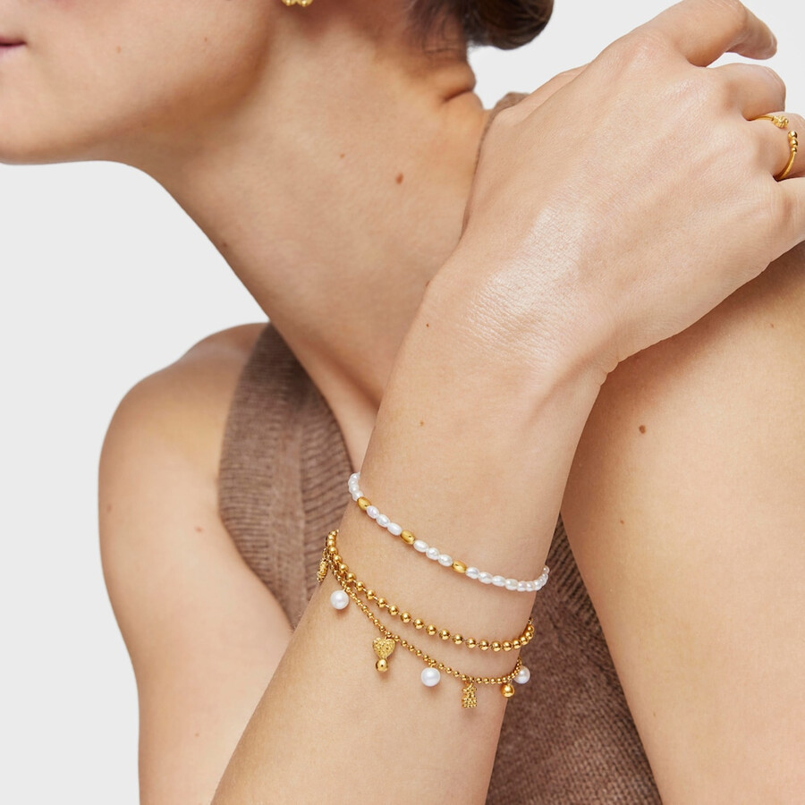 kettenarmband mit 18-karätiger vergoldung auf silber und zuchtperlen sowie tous grain-motiven