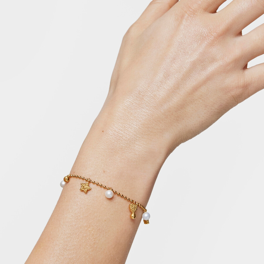 kettenarmband mit 18-karätiger vergoldung auf silber und zuchtperlen sowie tous grain-motiven