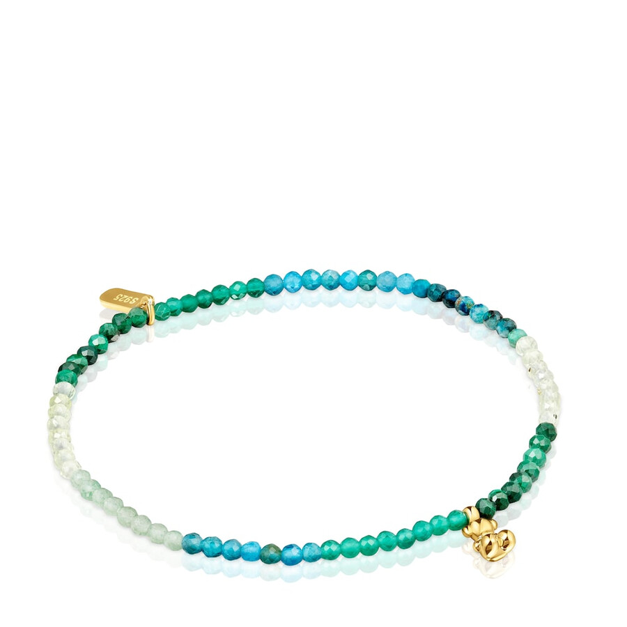 armband aus 18-karätig vergoldetem elastischem silber mit grünen edelsteinen tous bold bear