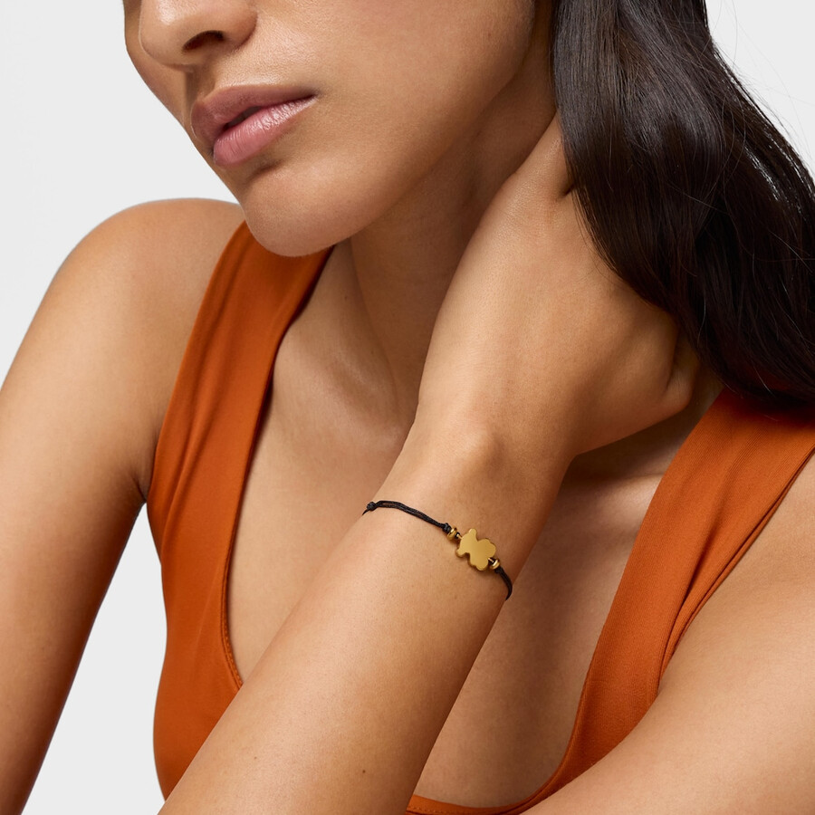 armband aus 18-karätigem gold über silber und schwarzem nylon mit bärenanhänger sweet dolls