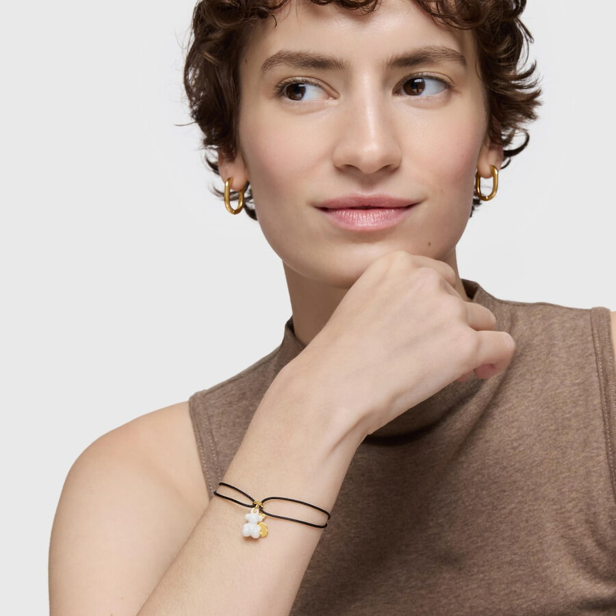 doppelbär-armband mit 18-karätiger vergoldung auf silber weißer keramik und schwarzem nylon bold bear