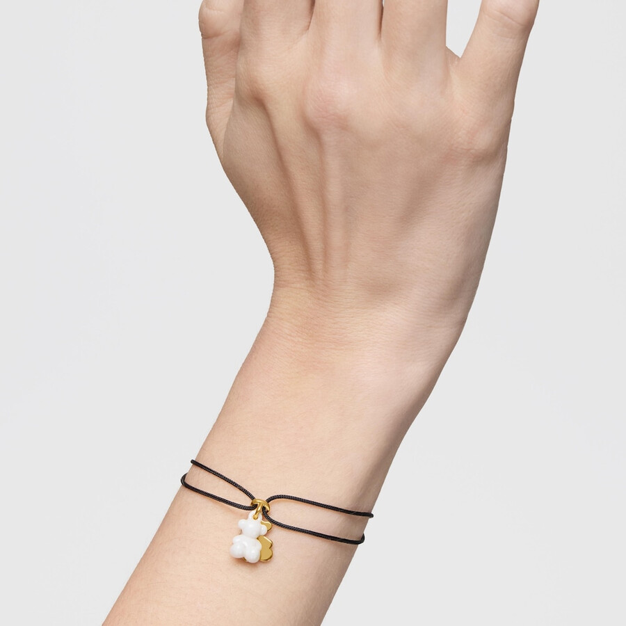doppelbär-armband mit 18-karätiger vergoldung auf silber weißer keramik und schwarzem nylon bold bear