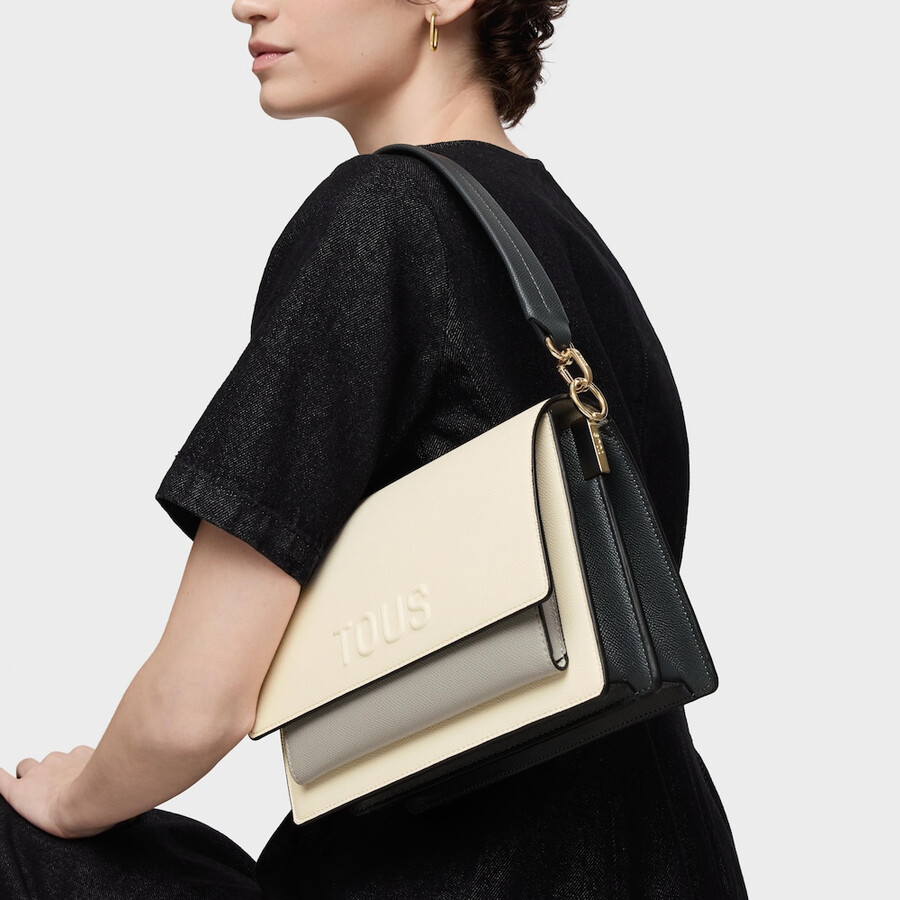mittelgroße beige und graue umhängetasche von audree saffiano