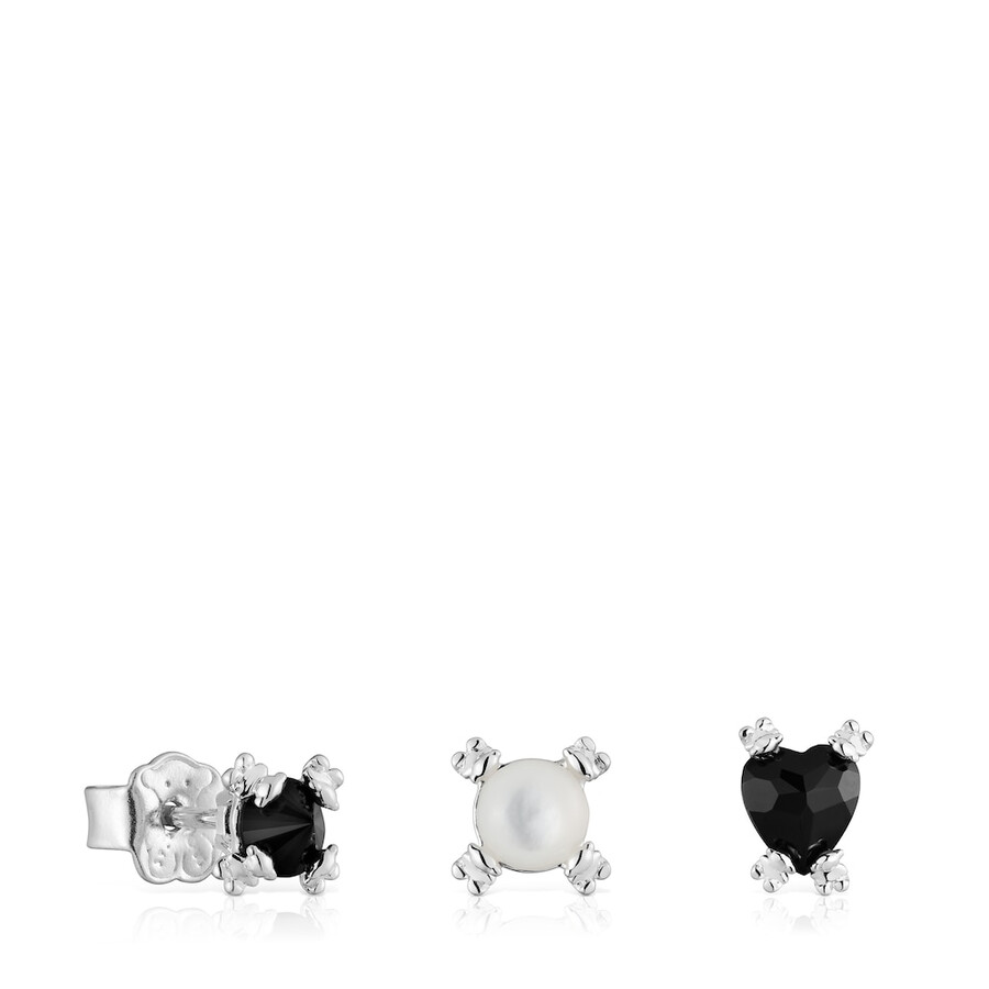 set aus drei silbernen color pills ohrringen mit onyx und perlmutt