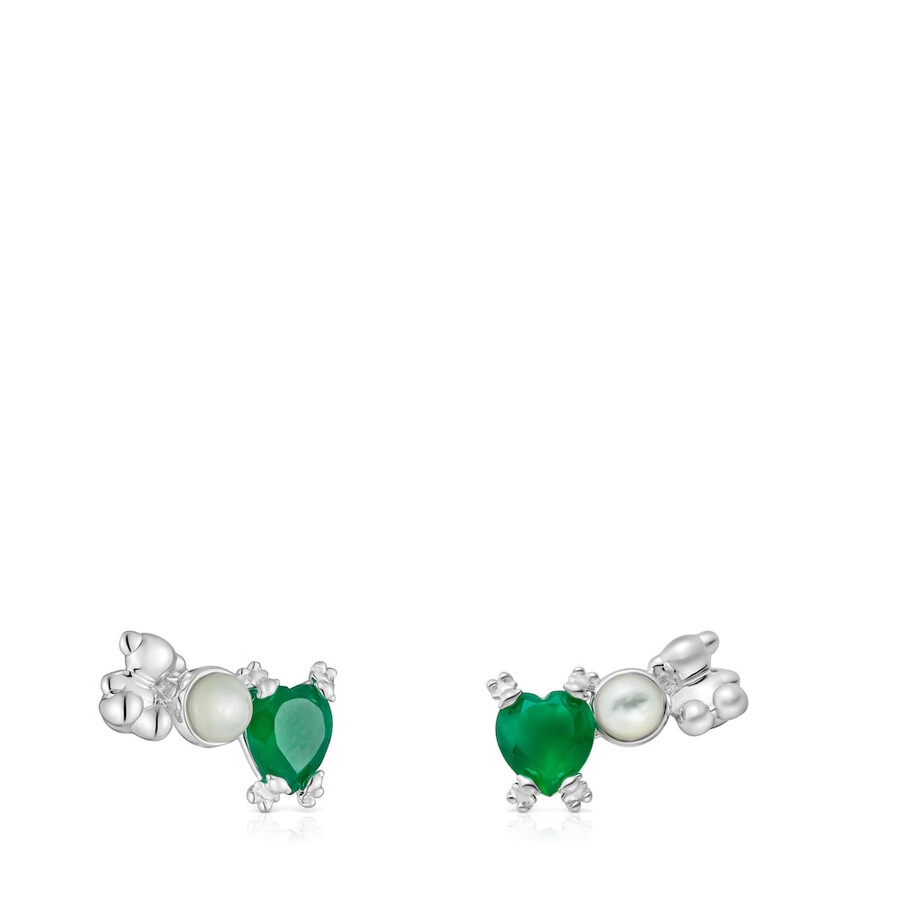kletterohrringe mit silbernem bären perlmutt und chalcedon farbpillen