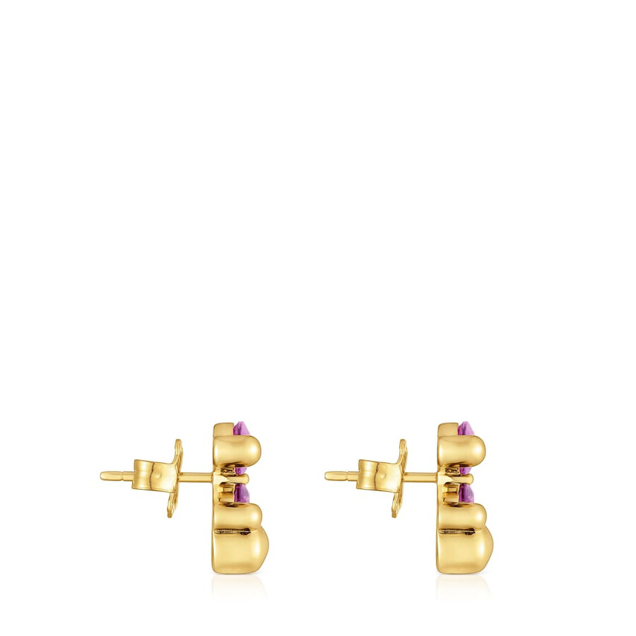 ohrringe mit bärenmotiv 13 mm 18 karat vergoldet aus silber mit im labor gezüchtetem lilafarbenem saphir farbe bär lgg.