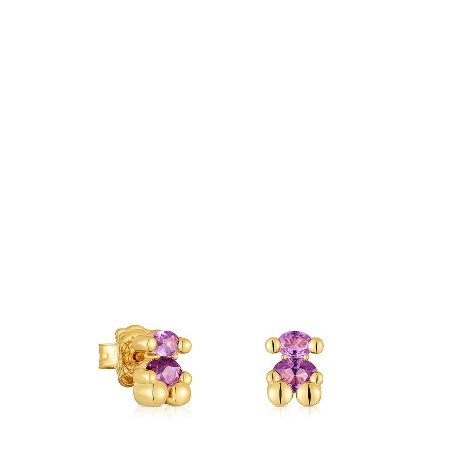ohrringe mit bärenmotiv 8 mm 18 karat vergoldet aus silber mit im labor gezüchtetem lilafarbenem saphir farbe bär lgg.