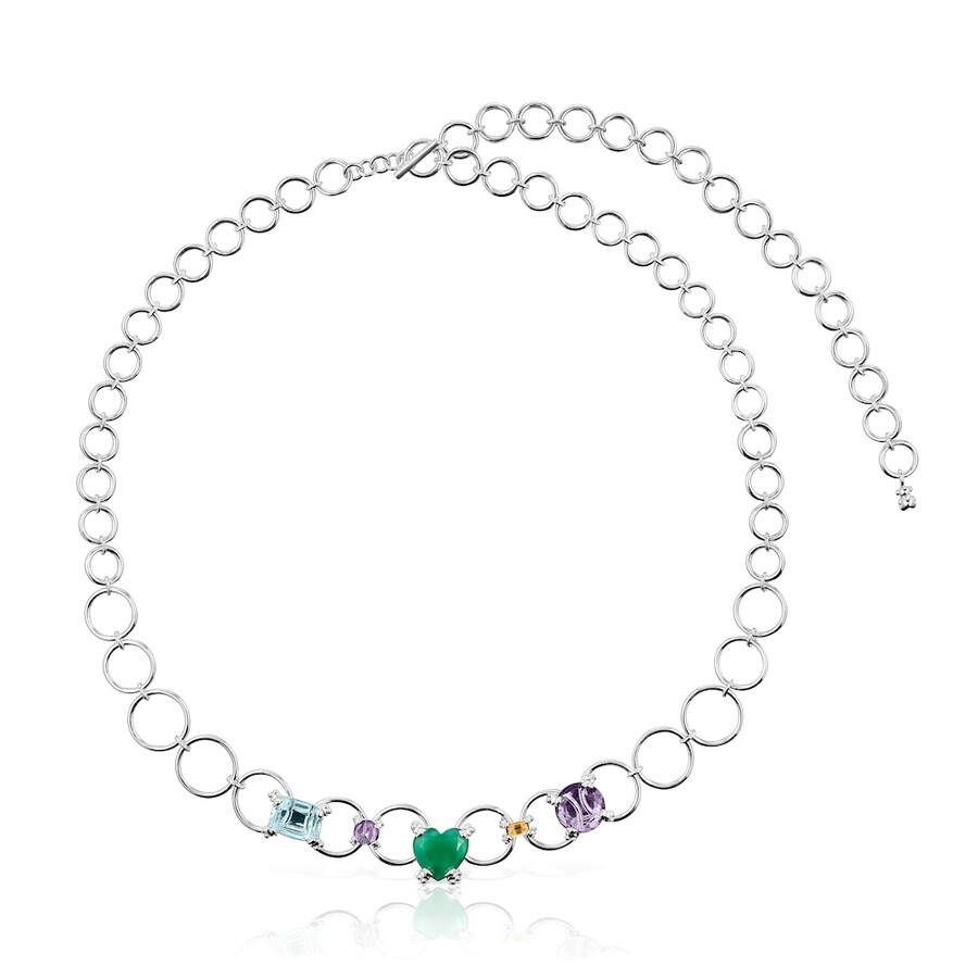 silberfarbene pillenring-halskette mit edelsteinen