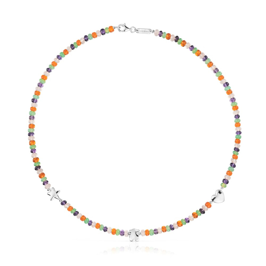 kurze edelsteinkette mit silbernen motiven auffälliges motiv