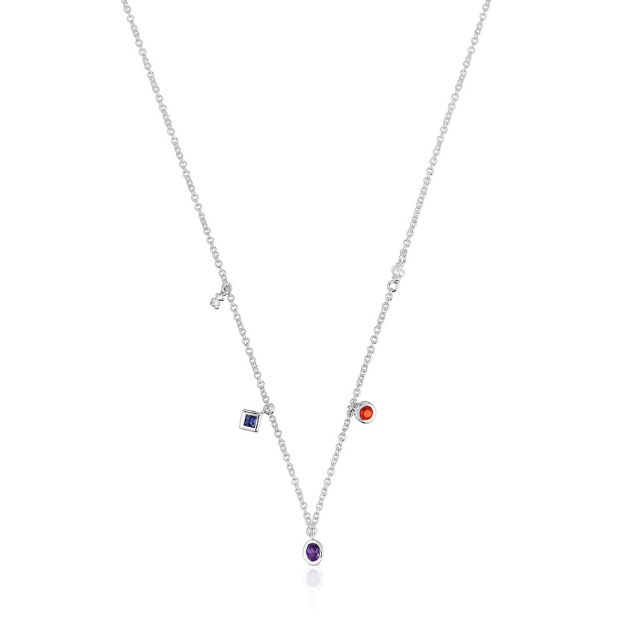 kurze silberne halskette mit edelsteinen und zuchtperle tous basic colors