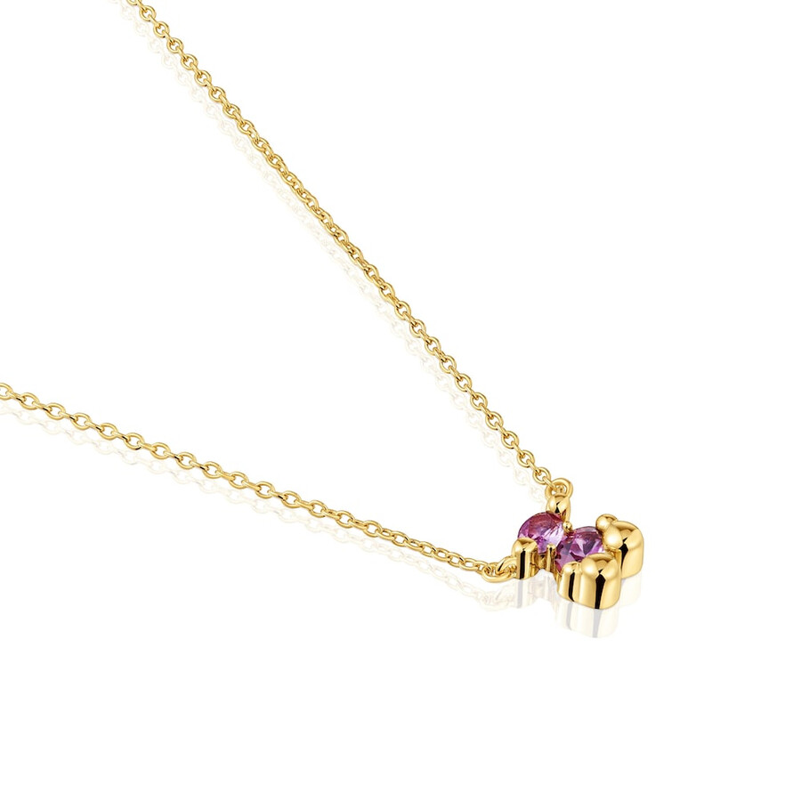 kurze halskette mit bärenmotiv aus 18-karätiger goldplattierung auf silber und einem im labor gezüchteten lilafarbenen saphir farbe bär lgg.