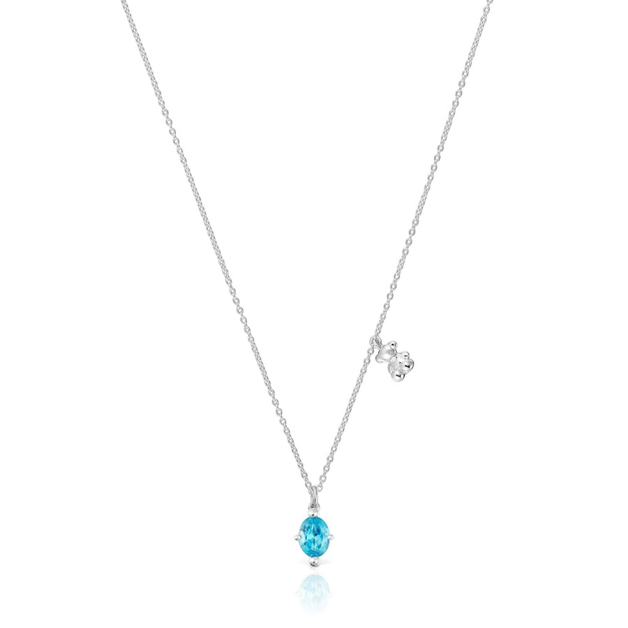 kurze silberne halskette mit bärenmotiv und im labor gezüchtetem blauen saphir bold bear lgg