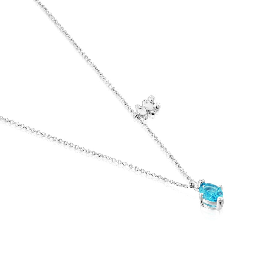 kurze silberne halskette mit bärenmotiv und im labor gezüchtetem blauen saphir bold bear lgg