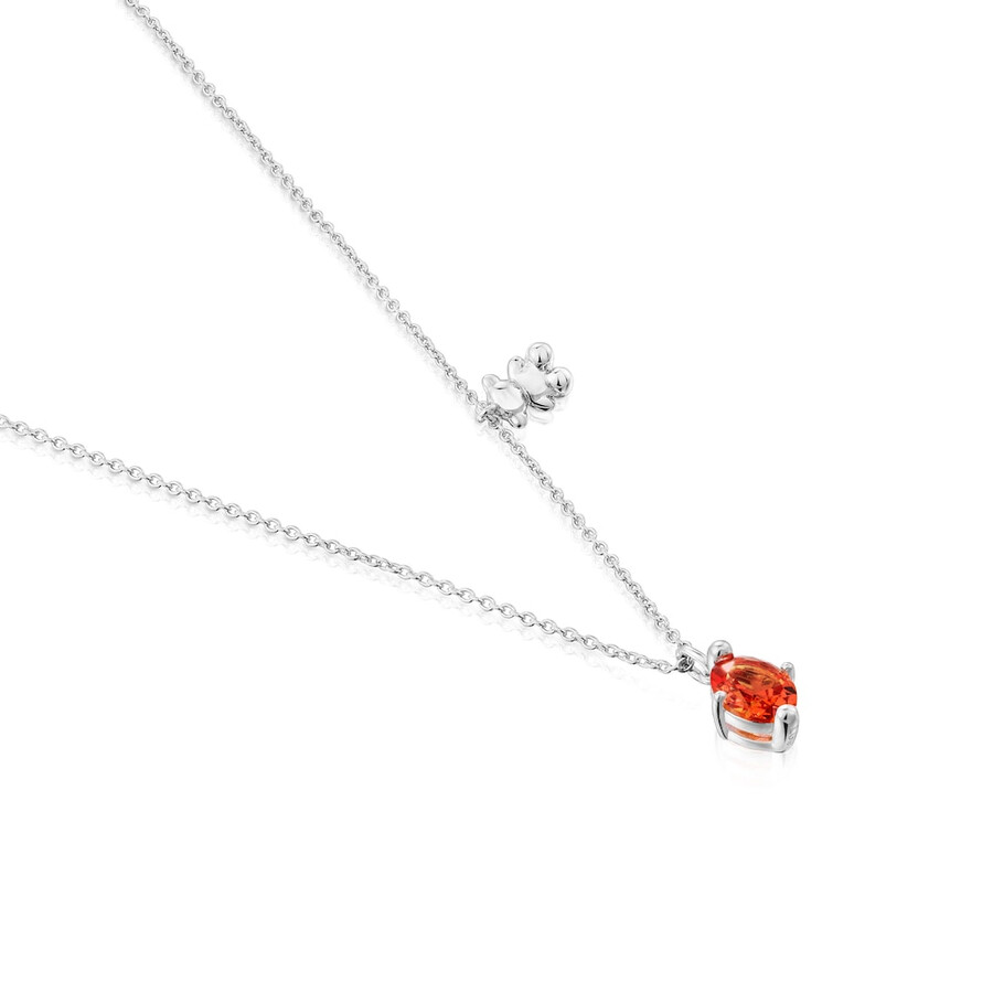kurze silberne halskette mit bärenmotiv und im labor gezüchtetem orangefarbenem saphir bold bear lgg