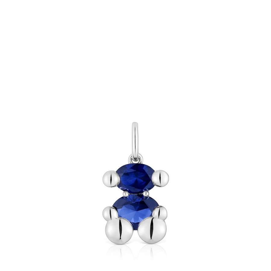 kleiner silberner anhänger mit bärenmotiv und im labor gezüchtetem blauen saphir farbe bär lgg