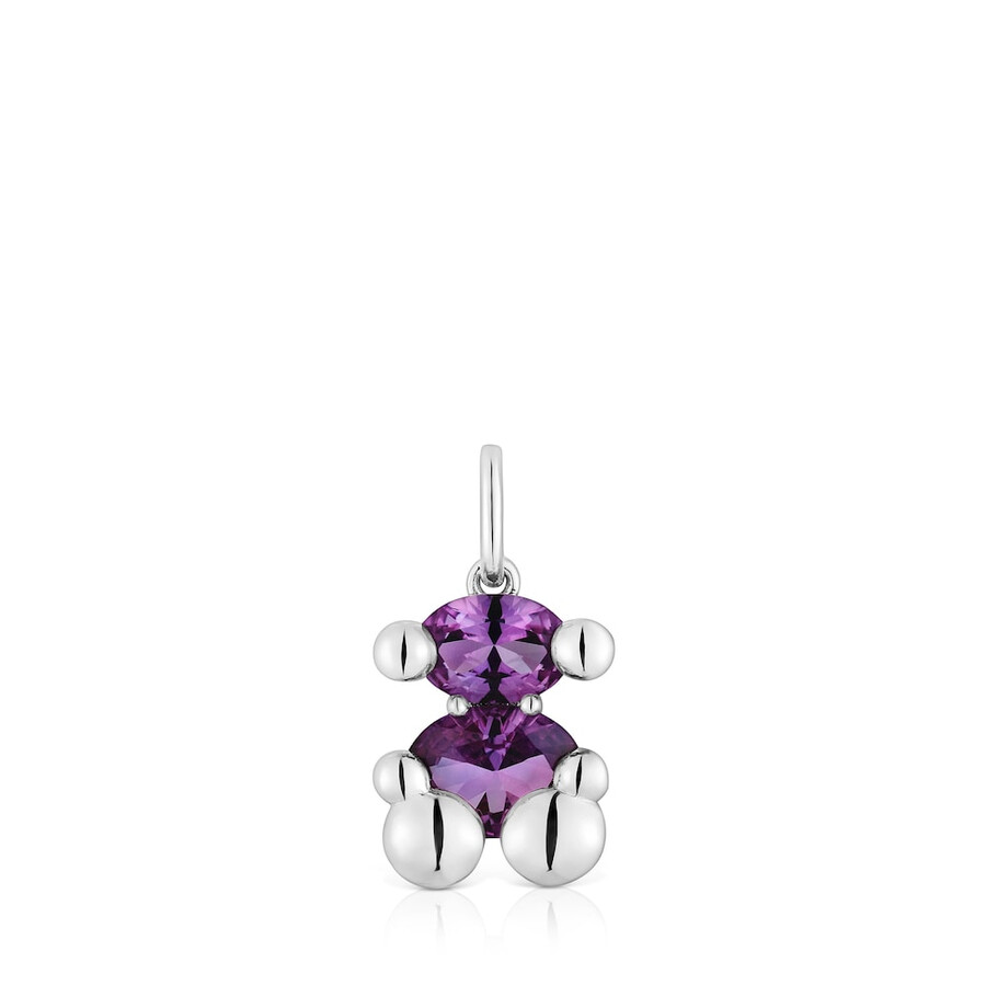 kleiner silberner anhänger mit bärenmotiv und im labor gezüchtetem lilafarbenem saphir tous color bear lgg