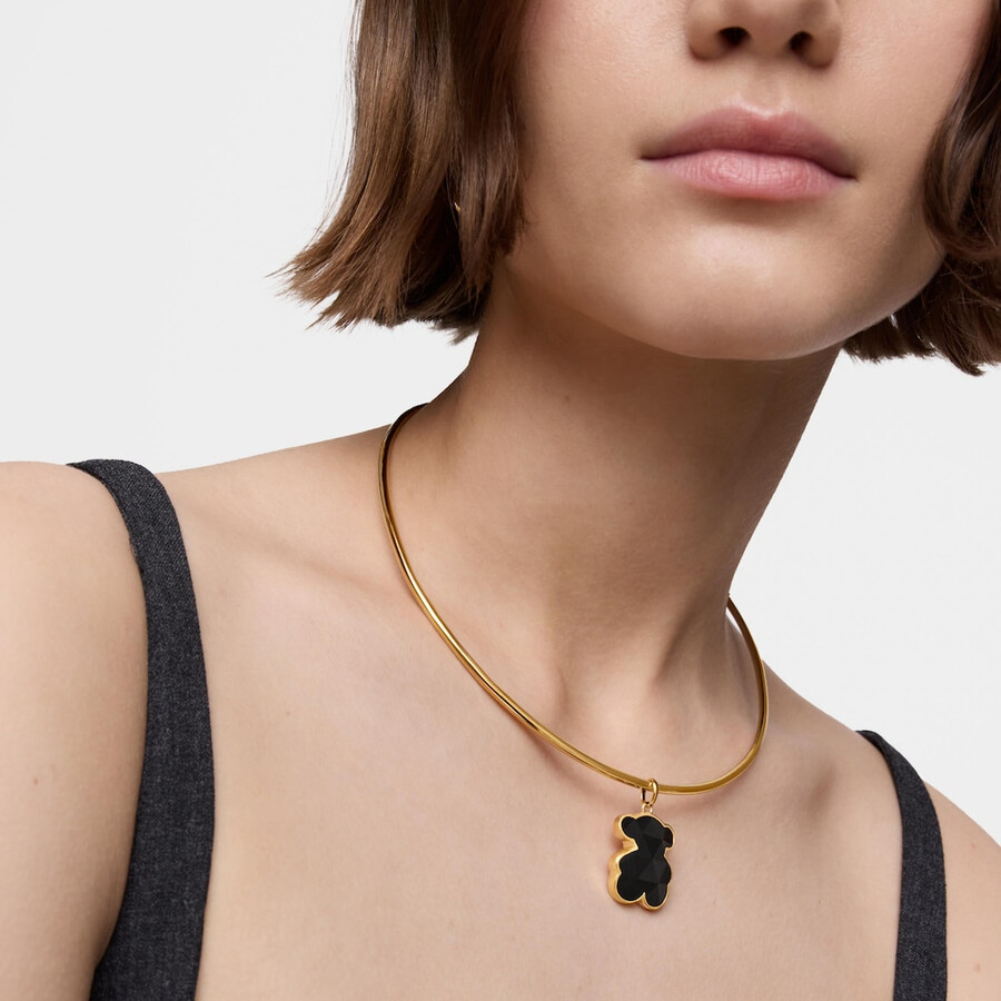mittelgroßer bärenanhänger aus 18-karätiger goldplattierung auf silber mit onyx-bärenmotiv tous icon color