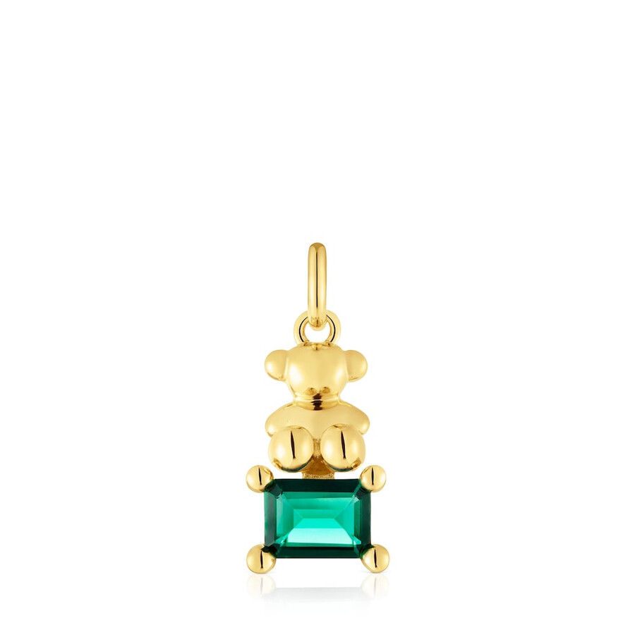kleiner anhänger mit bärenmotiv aus 18-karätiger goldplattierung auf silber mit im labor gezüchtetem grünem smaragd bold bear lgg.