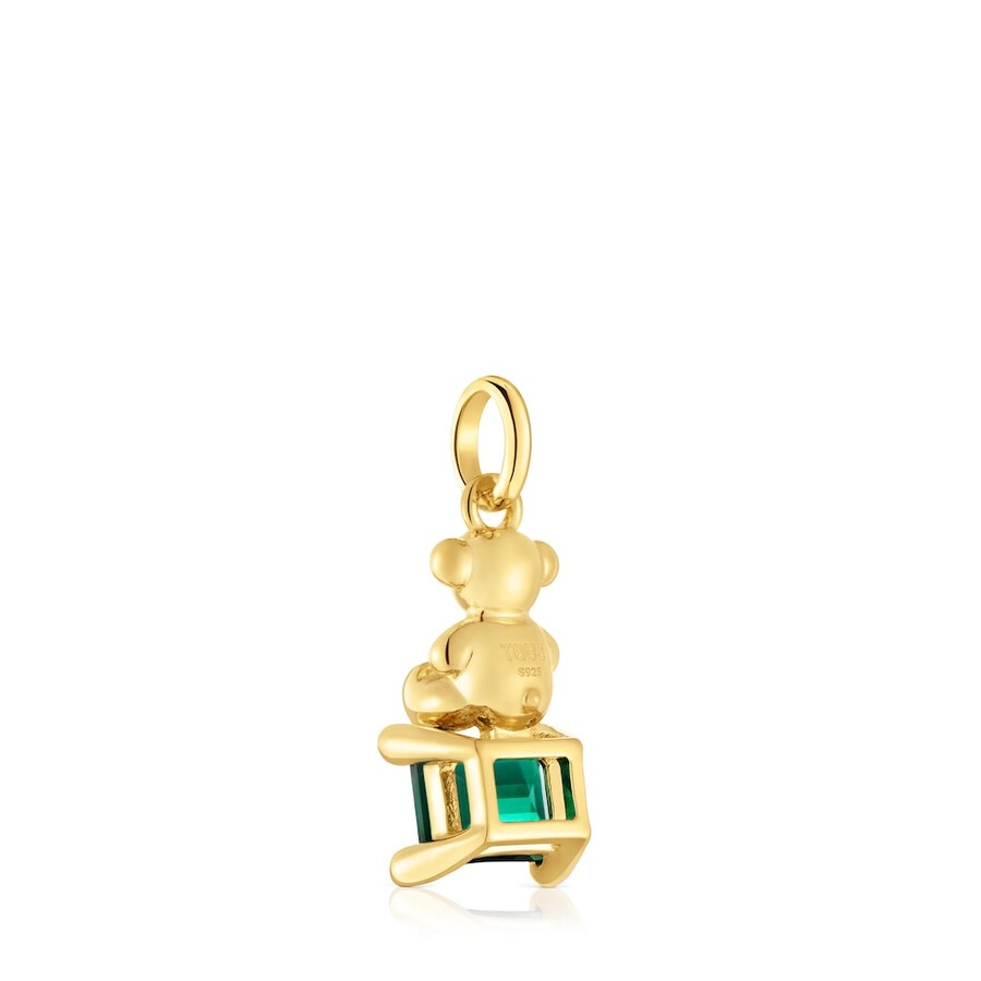 kleiner anhänger mit bärenmotiv aus 18-karätiger goldplattierung auf silber mit im labor gezüchtetem grünem smaragd bold bear lgg.