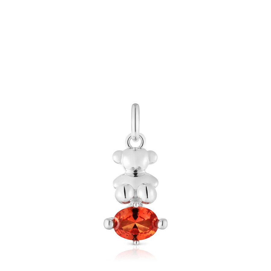 kleiner silberner anhänger mit bärenmotiv und im labor gezüchtetem orangefarbenem saphir bold bear lgg.