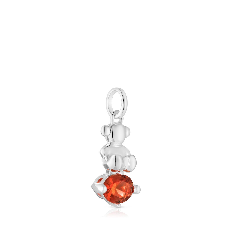 kleiner silberner anhänger mit bärenmotiv und im labor gezüchtetem orangefarbenem saphir bold bear lgg.