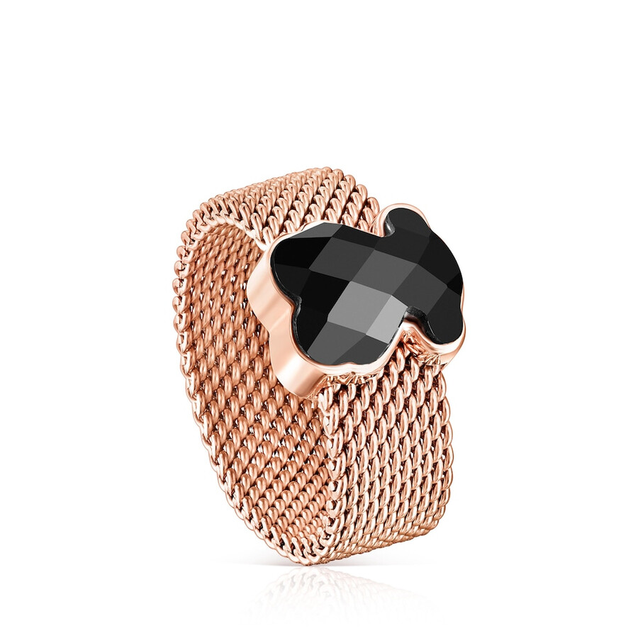 armband aus roséfarbenem ip-beschichtetem stahlgewebe mit onyx
