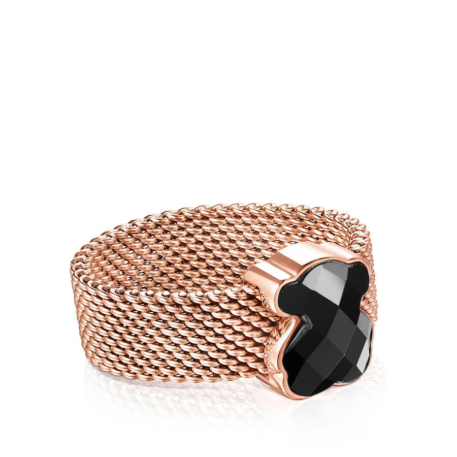 armband aus roséfarbenem ip-beschichtetem stahlgewebe mit onyx