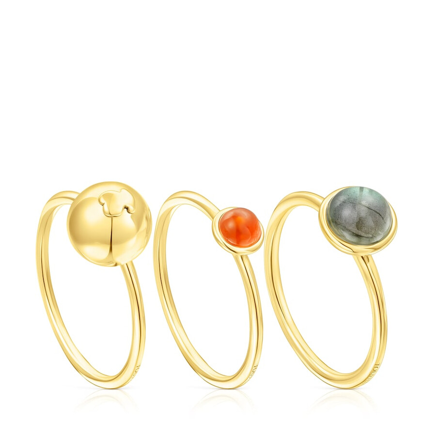 set aus drei silbervergoldeten plump-ringen mit edelsteinen