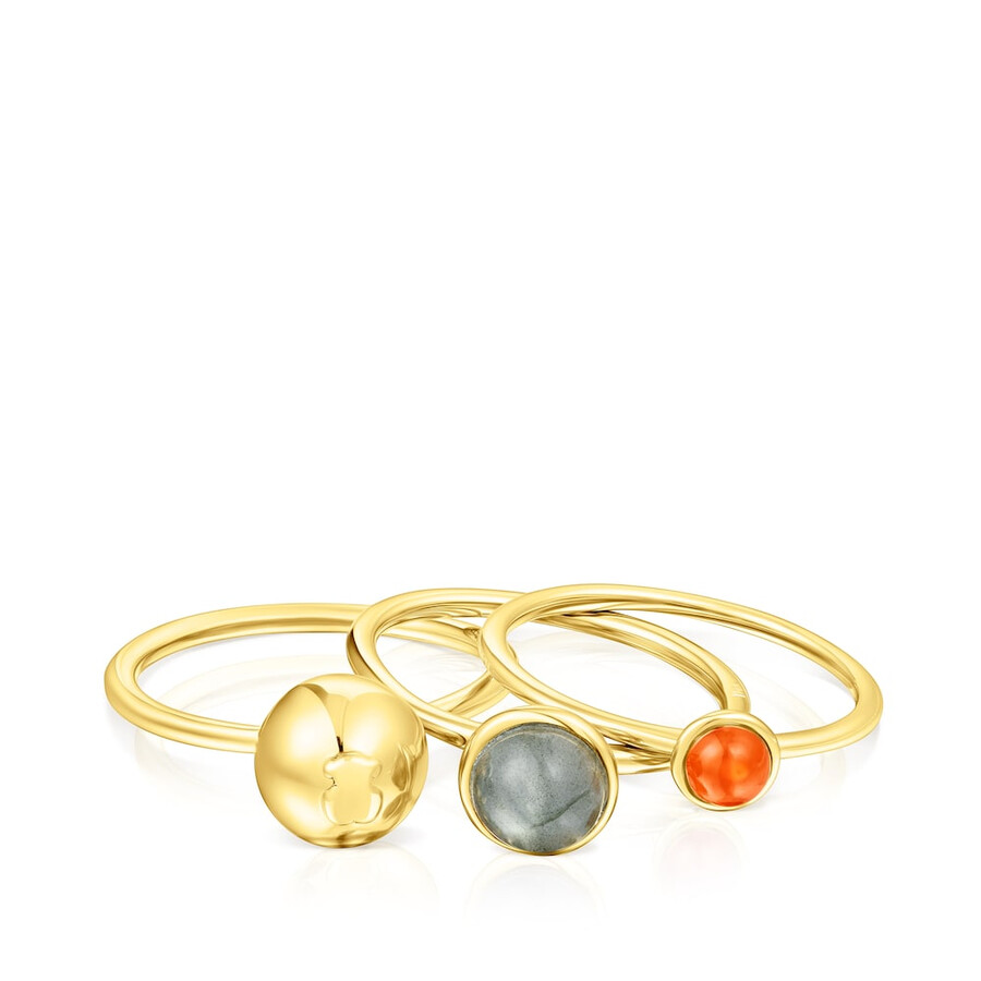 set aus drei silbervergoldeten plump-ringen mit edelsteinen