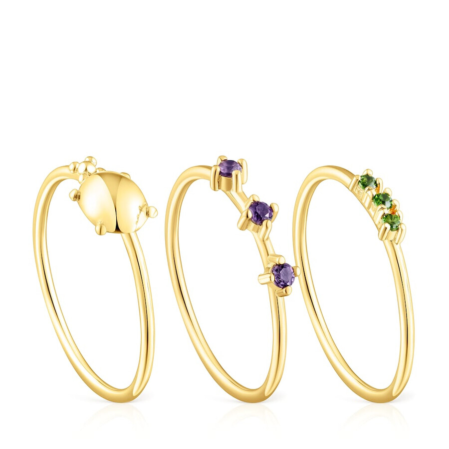 set aus drei silberversilberten virtual garden ringen mit edelsteinen