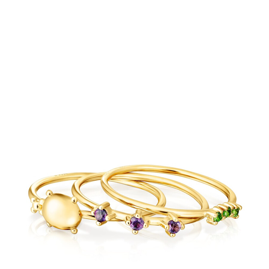 set aus drei silberversilberten virtual garden ringen mit edelsteinen