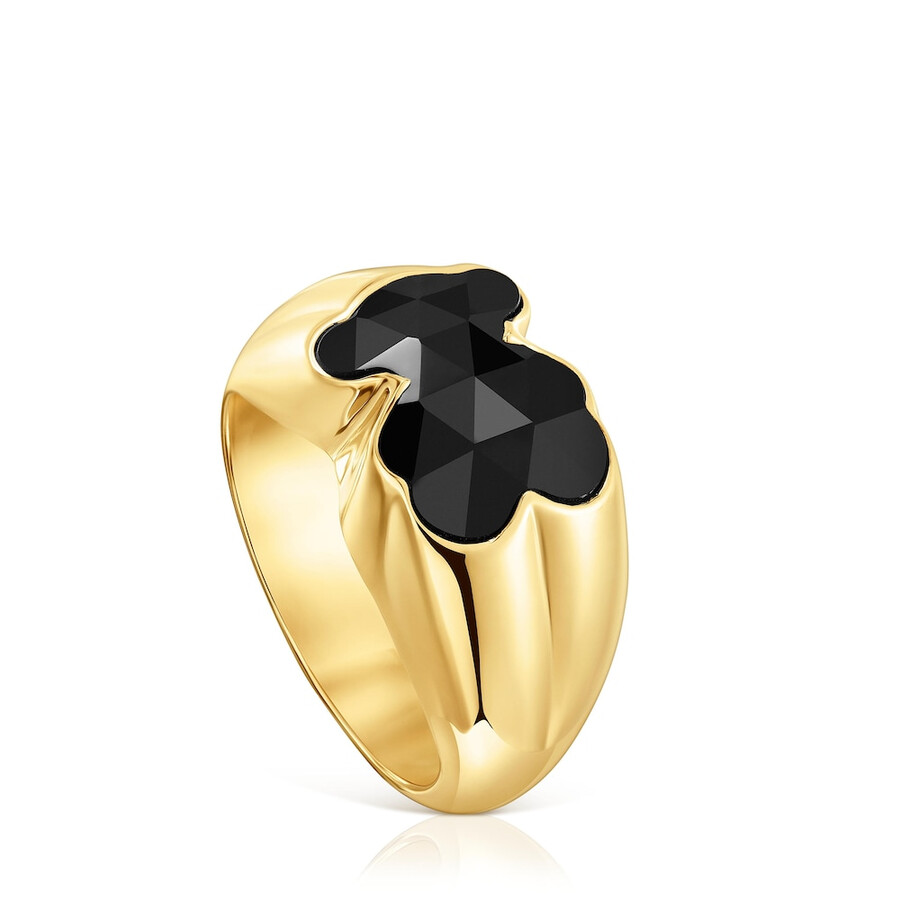 mittelgroßer ring aus 18-karätigem gold über silber mit onyx-bärenmotiv tous icon color