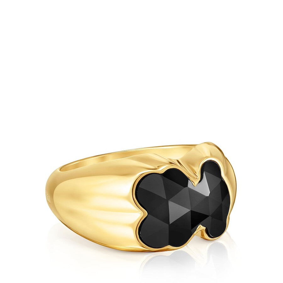 mittelgroßer ring aus 18-karätigem gold über silber mit onyx-bärenmotiv tous icon color