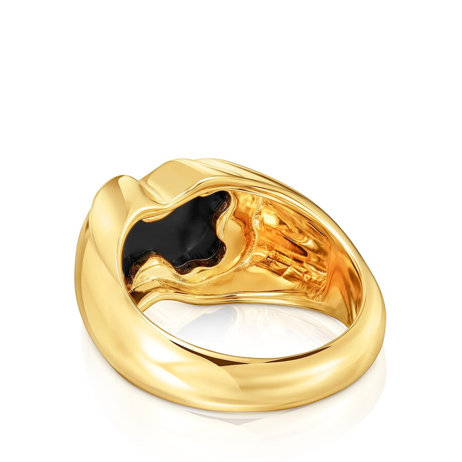 mittelgroßer ring aus 18-karätigem gold über silber mit onyx-bärenmotiv tous icon color
