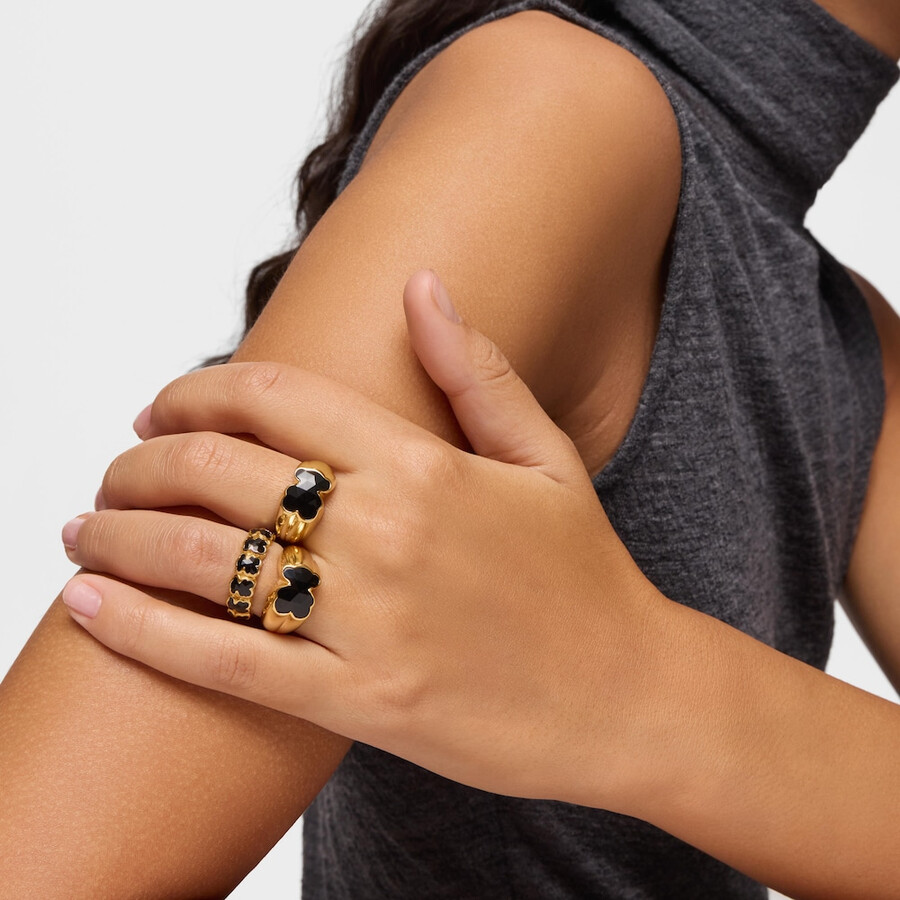 mittelgroßer ring aus 18-karätigem gold über silber mit onyx-bärenmotiv tous icon color