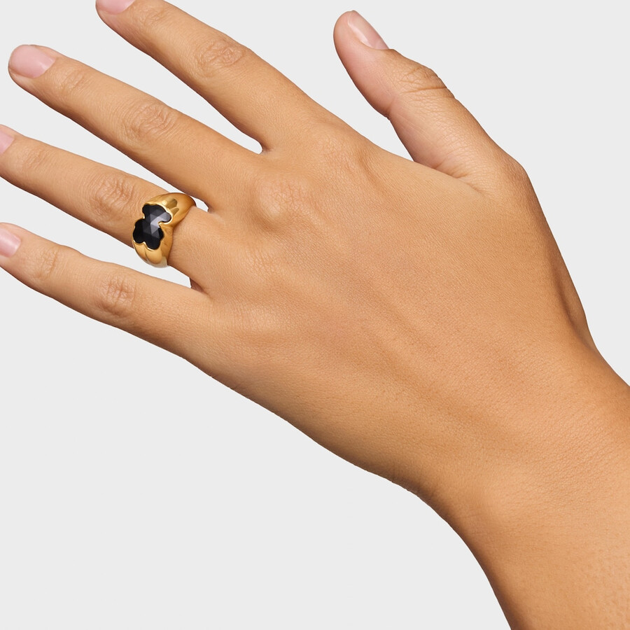 mittelgroßer ring aus 18-karätigem gold über silber mit onyx-bärenmotiv tous icon color