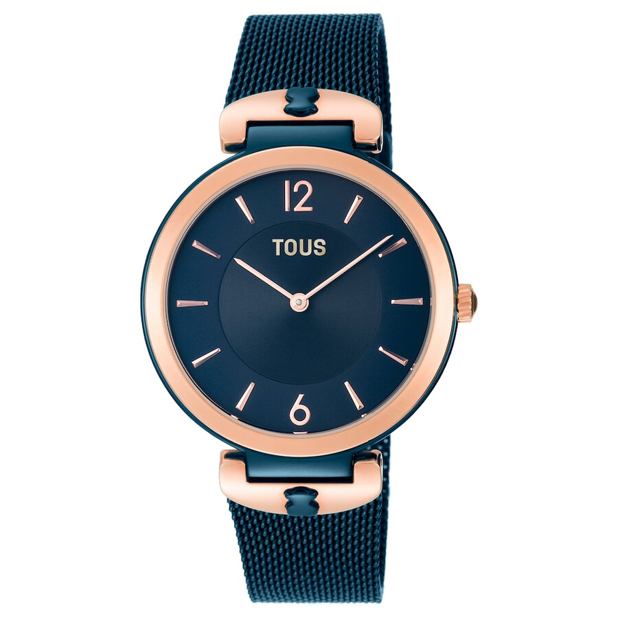 zweifarbige uhr aus roségoldenem und blauem stahlip-beschichtetem s-mesh
