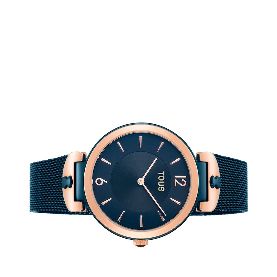 zweifarbige uhr aus roségoldenem und blauem stahlip-beschichtetem s-mesh