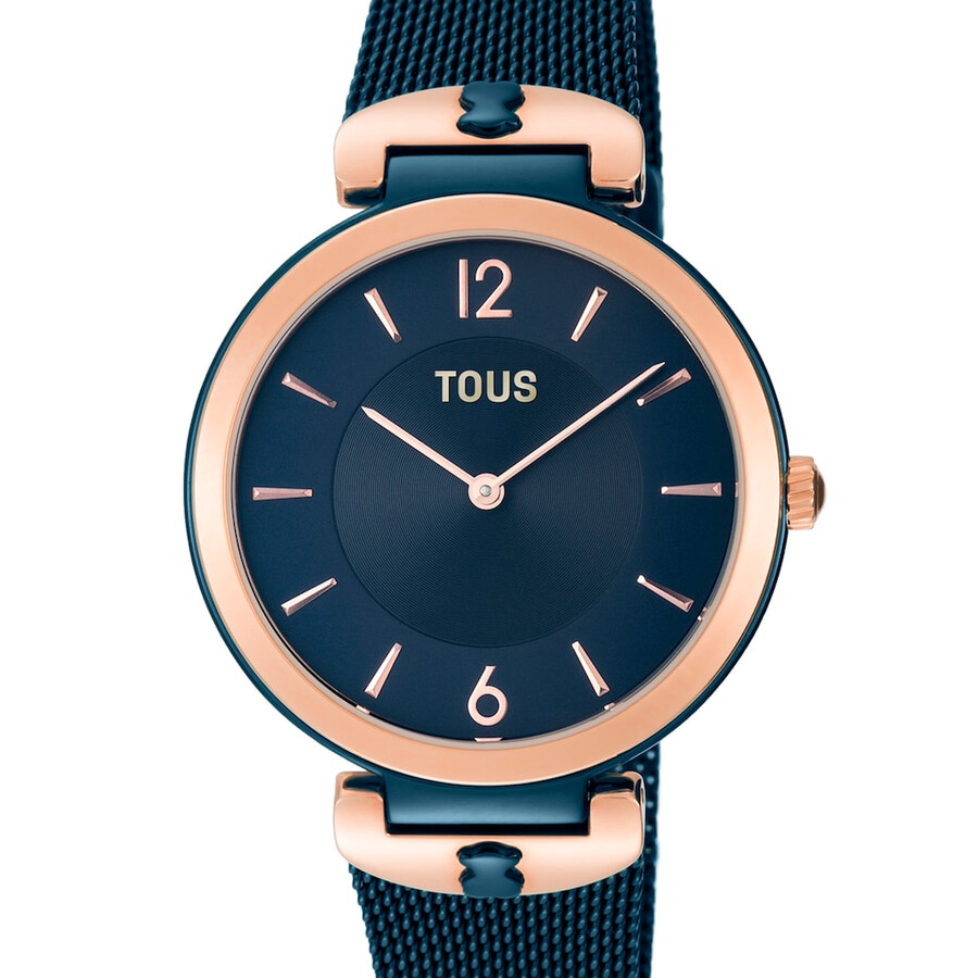 zweifarbige uhr aus roségoldenem und blauem stahlip-beschichtetem s-mesh