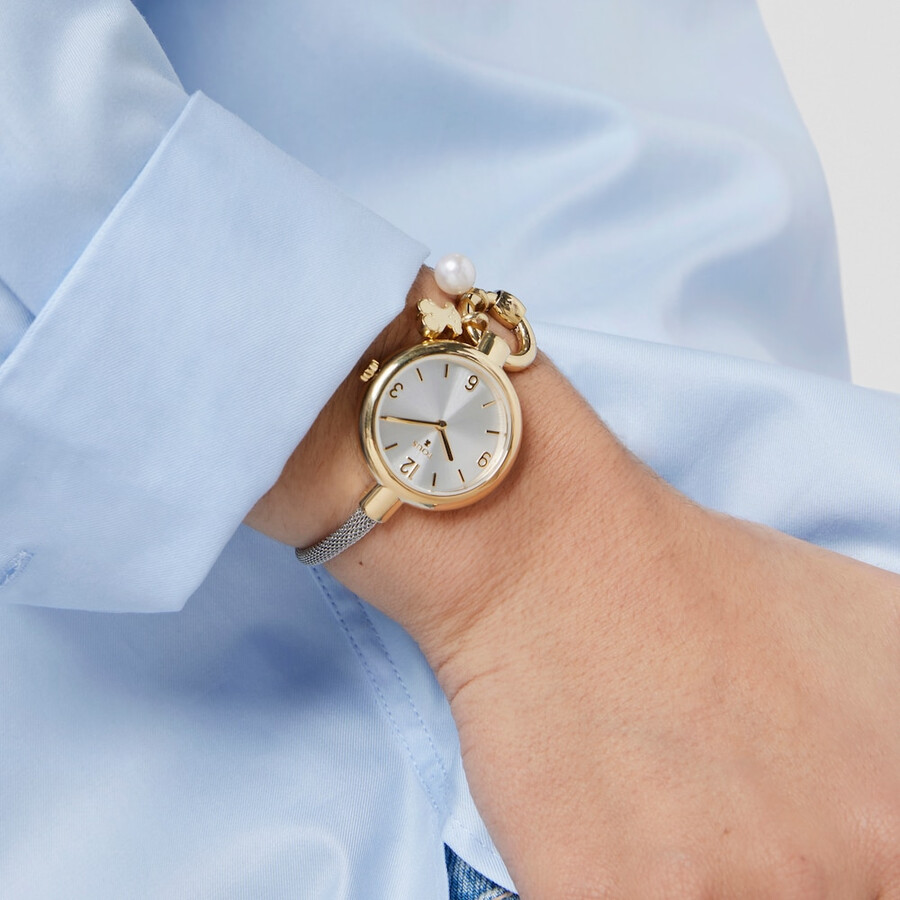 goldfarbene ip-stahl-armbanduhr mit anhängern und stahlarmband